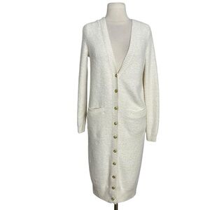 Anthropologie Pilcro Fuzzy Duster Cardigan Sweater XS Gold Button Pockets Cozy